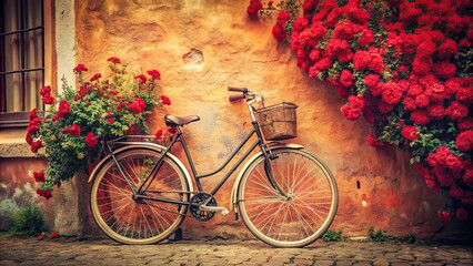 Vintage effect photo of a bicycle with red flowers in the background leaning against a wall, bicycle, red flowers, vintage