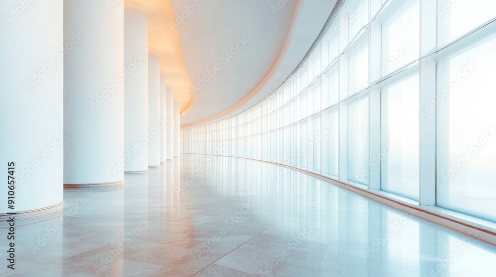 Poster curved columns and large windows create a bright, airy modern space filled with natural light.