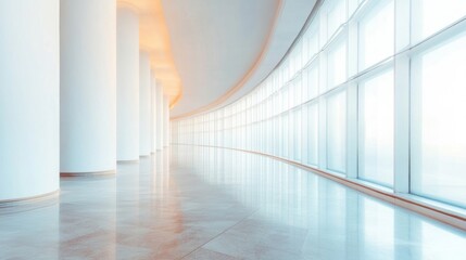 Obraz premium Curved columns and large windows create a bright, airy modern space filled with natural light.