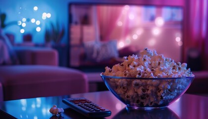 Cozy home scene with a glass bowl of popcorn, remote control, and TV screen softly illuminating