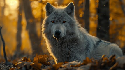 Obraz premium A white wolf in the woods, surrounded by trees and leaves