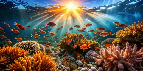 Vibrant coral reefs thrive in an ethereal underwater realm, where radiant fish dart through undulating seaweed, illuminated by shafts of warm, shimmering sunlight filtering down.