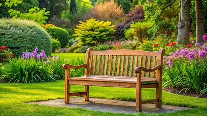 Obraz premium A peaceful wooden bench in a serene garden setting, Bench, Garden, Relaxation, Peaceful, Serene, Wooden, Outdoor, Nature, Seating