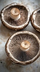 Close-up of three portobello mushrooms showing