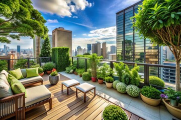 Fototapeta premium Lush greenery thrives on a rooftop balcony, offering a serene escape amidst the bustling cityscape, exuding luxury and sophistication in a modern urban oasis setting.