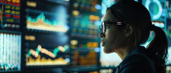 Woman analyzing stock market data on multiple screens in high-tech office, focusing on financial trends and investment opportunities.