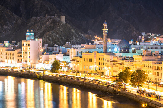 Cityscape of Mutrah old town at night, Muscat, Oman