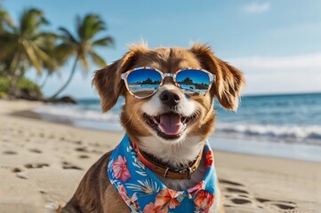 Vibrant and playful image of a small dog on a beach. The dog, with a brown and white coat, is...