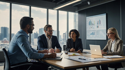 a group of people in a meeting Business people working in a conference room