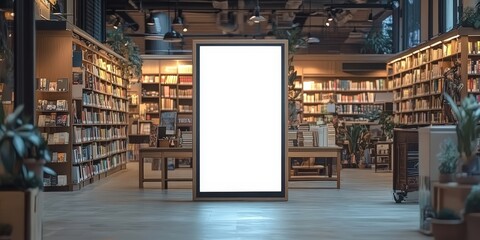 Blank Signage in Bookstore,White blank billboard on bookstore, for advertising, mockup presentations, announcements, promotions, and digital marketing.blank sign poster in bookstore shop banner