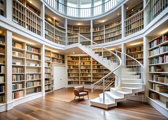 Fototapeta premium Modern library interior featuring white walls, floor-to-ceiling bookshelves fully stocked with books, and a elegant staircase curving up to the upper level reading area.