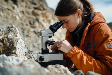 Fototapeta premium Portrait of a geologist using a microscope to analyze rock samples, Generative AI