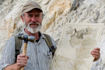 Portrait of a geologist with a hammer and geological map, Generative AI