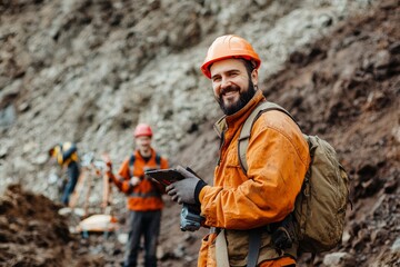 Portrait of a geologist with a team on a geological survey, Generative AI 