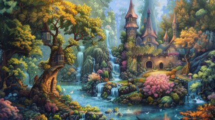 illustration of Paradise landscape with beautiful gardens, waterfalls, mushrooms and flowers in the background.