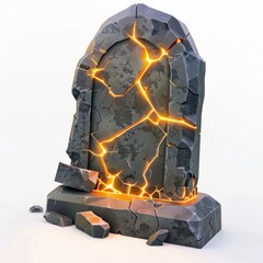 3D Render, Low Poly style of a shattered gravestone with glowing cracks, on isolated white background, Generative AI