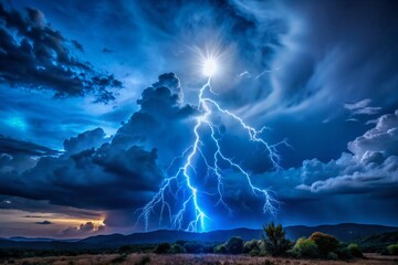 Dramatic nighttime scene of electric blue lightning bolt illuminating dark clouds, casting an ethereal glow on the landscape with a subtle moonlit aura.