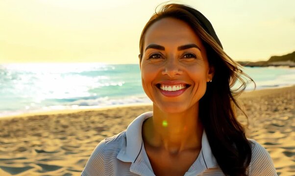Medium shot portrait video of a satisfied Brazilian woman in her 40s wearing a sporty polo shirt against a beach background 