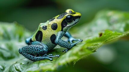 Fototapeta premium Close-up of a Vibrant Poison Dart Frog Perched on a Leaf in a Tropical Rainforest Setting Capturing Its Vivid Colors and Unique Patterns