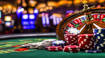 A pile of poker chips sits on a green table in front of a roulette wheel. The scene is set in a casino, with the roulette wheel and other casino games visible in the background