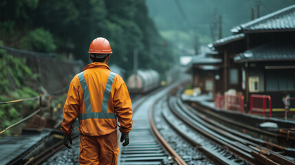 Fototapeta premium 鉄道の線路の点検をする作業員