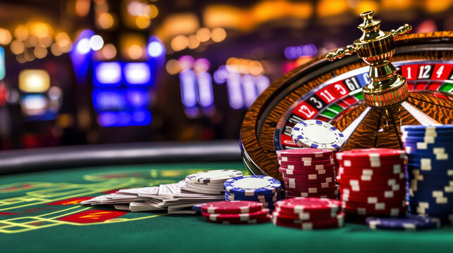 A pile of poker chips sits on a green table in front of a roulette wheel. The scene is set in a casino, with the roulette wheel and other casino games visible in the background