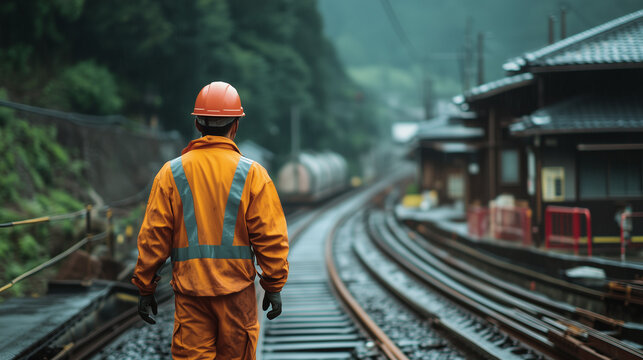 鉄道の線路の点検をする作業員