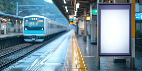 Blank Billboard in a Train Station,empty white blank billboard in japan train station, Mock up white blank Billboard Media Advertising Poster template at train Station city street	