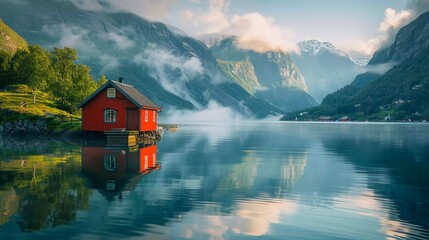 Fototapeta premium Impressive summer view of Lovatnet lake, municipality of Stryn, Sogn og Fjordane county, Norway. Colorful morning scene in Norway. Beauty of nature concept background which is very good