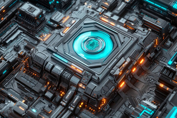 Futuristic Cyberpunk Circuit Board with Neon Blue and Orange Lights, High-Tech Sci-Fi Concept