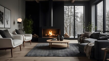Fireplace modern minimalist living room interior design, dark color theme of a scandinavian  home decor interior architecture design of room