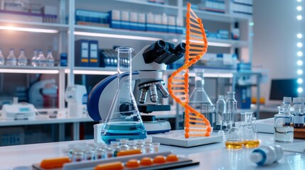 High-tech genetic therapy lab with medical research and treatment, featuring copy space and deep depth of field coverage.