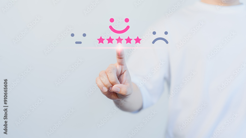 Poster hand touching the virtual screen on happy smile face icon to give satisfaction in service. online re