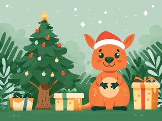 Festive Christmas Illustration with a Kangaroo Wearing Santa Hat Near Decorated Christmas Tree and Gifts in a Holiday Forest Setting