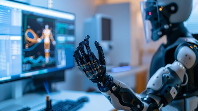 Orthopedic provider using motion analysis for prosthetic fitting, medical analysis, biomechanical solutions with copy space and deep depth of field.