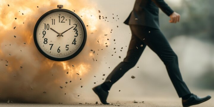 Time Bomb: A businessman in a suit races against time,  a clock exploding behind him, symbolizing the urgency and pressure of deadlines. This photo embodies the relentless pace of modern life