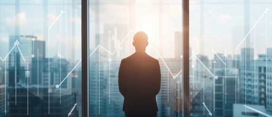 A businessman gazes out at the city skyline, contemplating future opportunities and growth in a modern, glass-walled office.