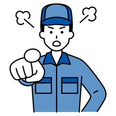 指差して怒るつなぎ作業服の男性