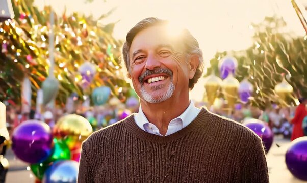 Medium shot portrait video of a satisfied man in his 50s that is wearing a chic cardigan against a vibrant and lively mardi gras celebration background