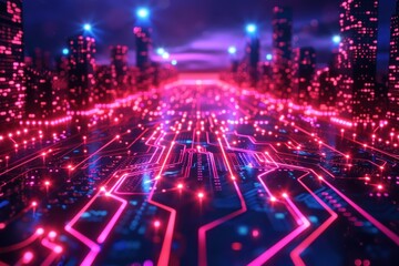 Fototapeta premium Cyberpunk Cityscape with Glowing Circuitry