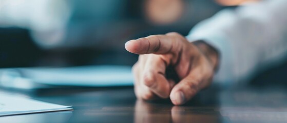 A close-up of a hand pointing forward, showcasing focus and direction in a professional environment with documents in the background.