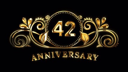 42nd Anniversary Celebration. Happy 42 Years Anniversary Animation in Gold Color on the Transparent Background, Alpha Channel. Great for greetings, celebrations, events, and gifts.