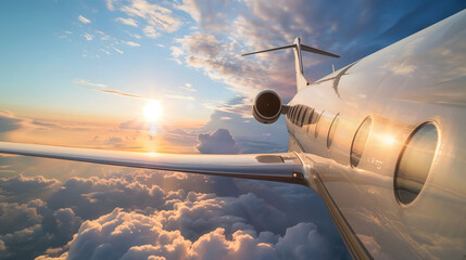 A private jet soars above the clouds at sunset, reflecting the golden light on its sleek exterior.