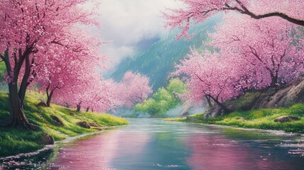 Serene River Flowing Through a Spring Landscape