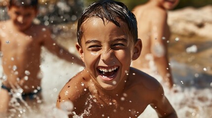 Obraz premium Summer Splash: A boy's infectious laughter echoes through the air as he splashes in a crystal-clear stream on a sunny day, capturing the pure joy and freedom of childhood. 