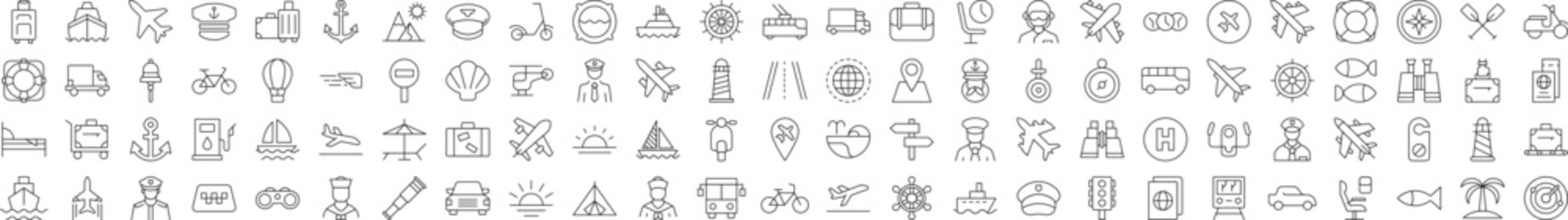 Signs of tourism, travel, vacation, aviation for Shops and Stores. Suitable for books, stores, shops. Editable stroke in minimalistic outline style. Symbol for design