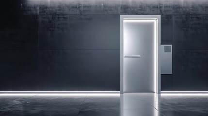 A modern, minimalistic door surrounded by sleek walls, highlighted by ambient lighting, creating an elegant and inviting atmosphere.
