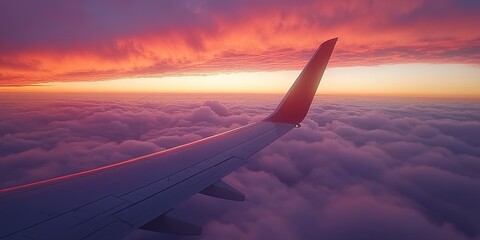 Airplane Wing Over Purple and Orange Clouds at Sunset