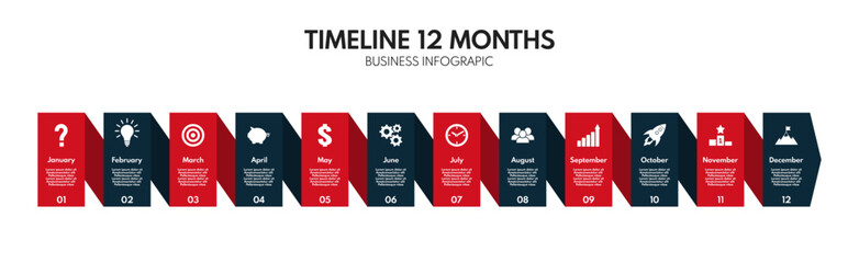 12 months or steps diagram, year strategy plan or project timeline, red and black two colors vector infographic template with business icons