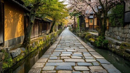 Cobblestone Path Through a Japanese Village